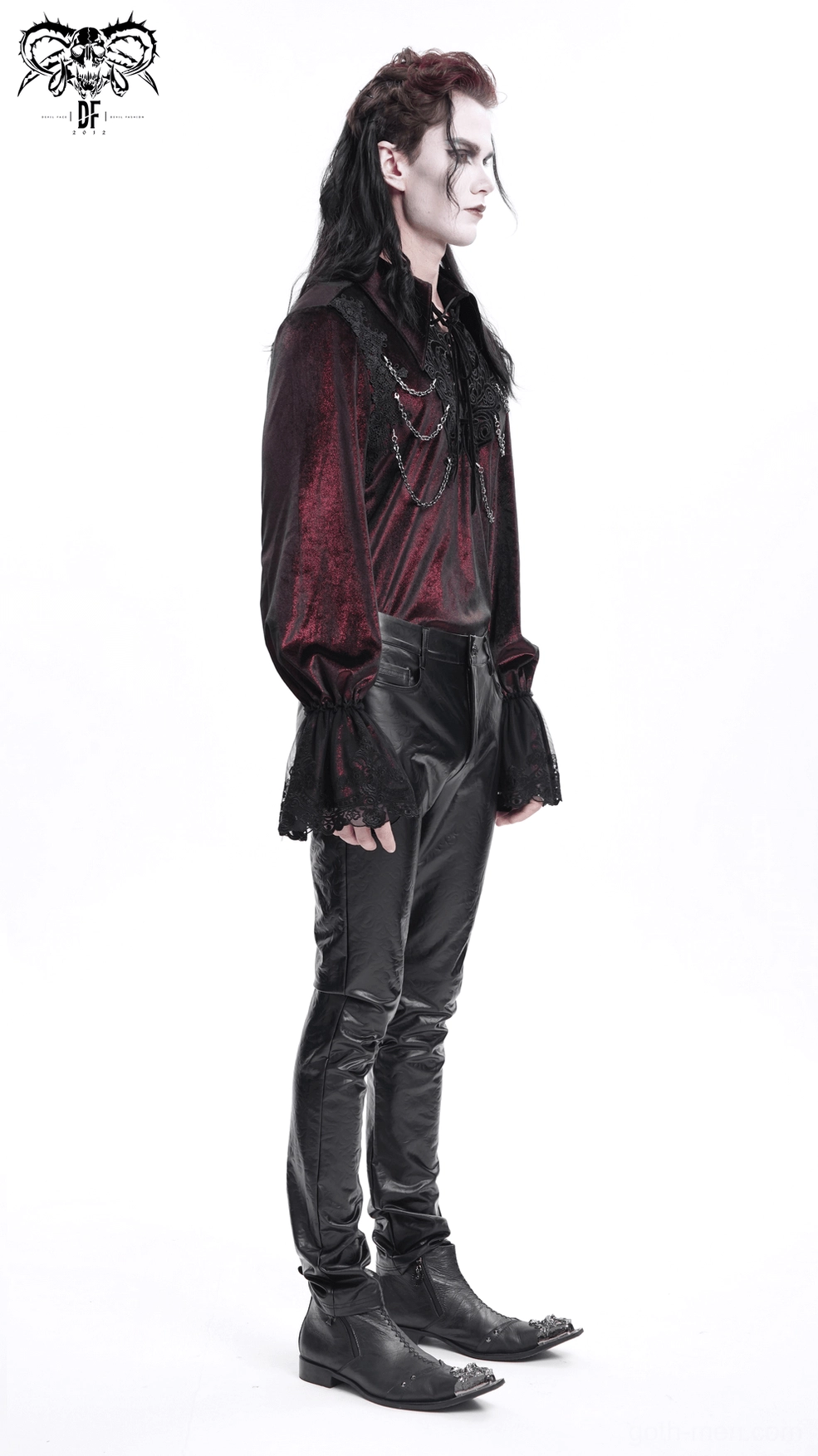 Men's black synthetic leather gothic pants showing five-pocket construction and modern slim fit