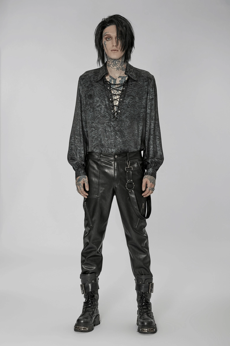 Black gothic leather lace-up pants product photography showcasing complete silhouette