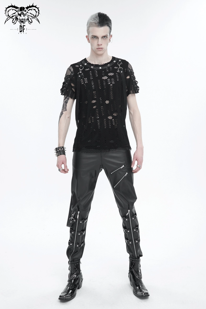 Black synthetic leather gothic fitted trousers displaying premium fabric quality and impeccable tailoring in side view