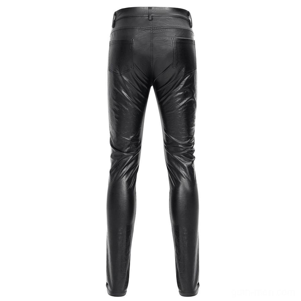 Rear full shot of black synthetic leather gothic pants showing high waist design and fitted silhouette