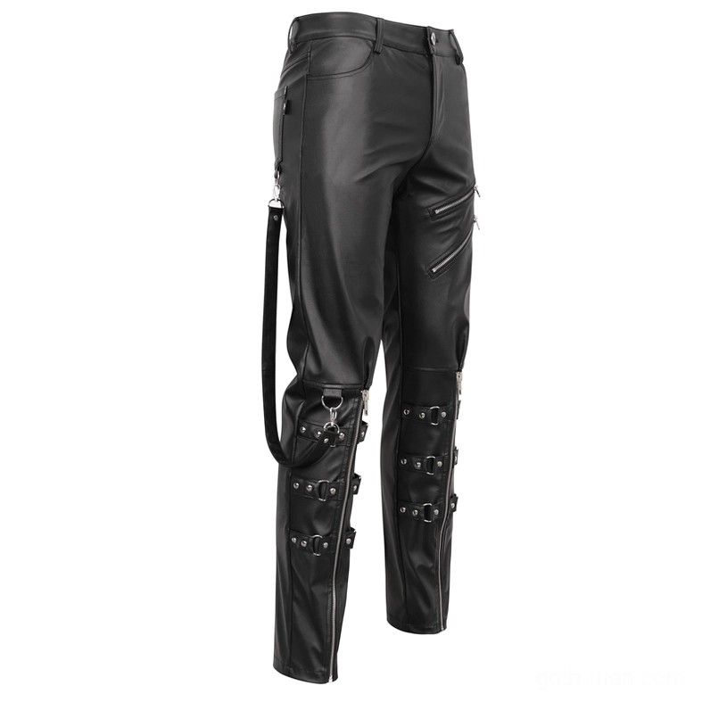 Black faux leather gothic trousers rear side angle showing detachable side straps back waist pockets and tailored fit silhouette