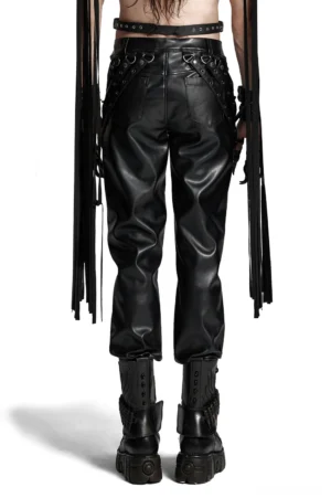 Rear view of black PU leather gothic pants with grommet details and metal hardware