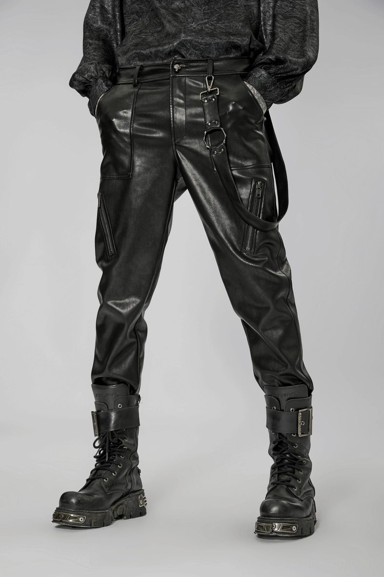 Black gothic lace-up leather pants full length side view displaying fitted tapered silhouette