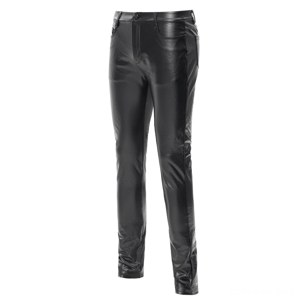 Side view of black slim fit leather trousers showing belt loops pocket placement and tapered leg
