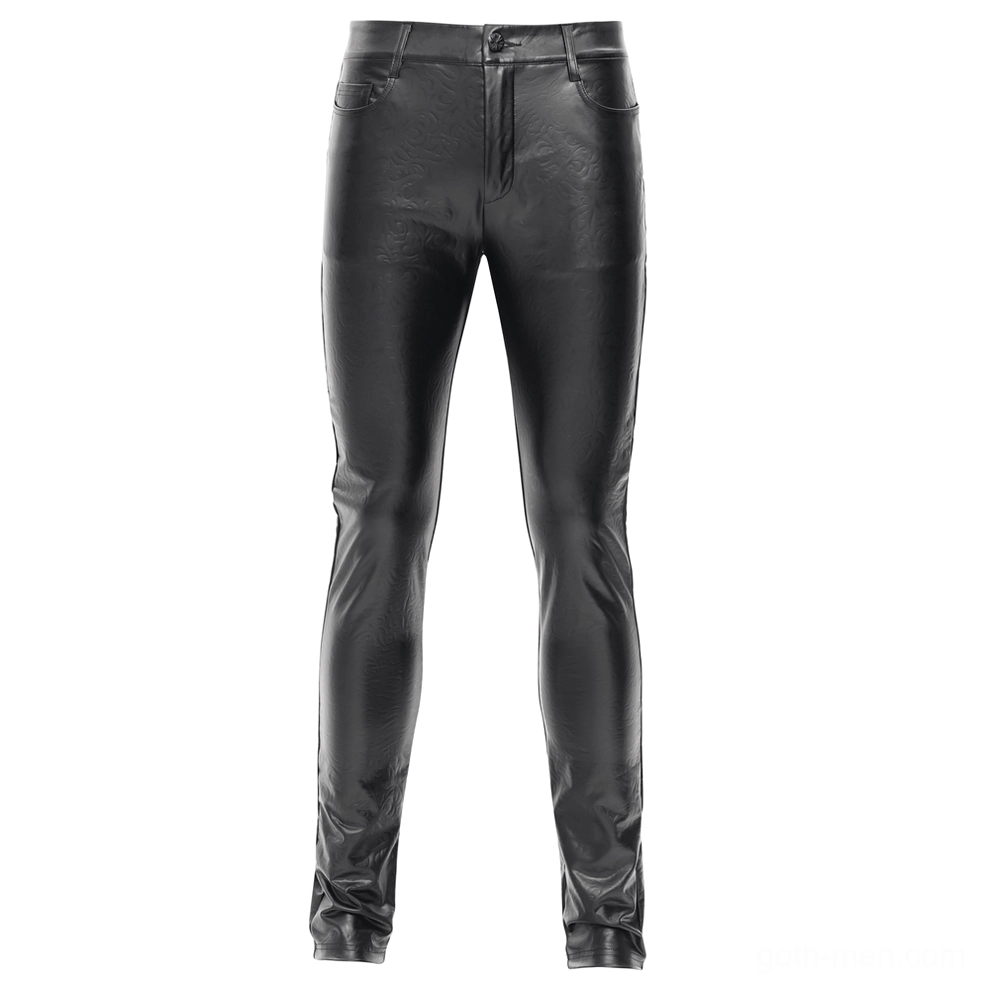 Black slim fit leather pants full length front static shot showing zipper fly and five pocket styling