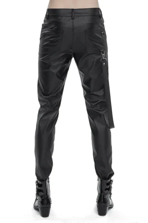 Black faux leather gothic trousers featuring removable side straps and metal decorative buckles in front straight view