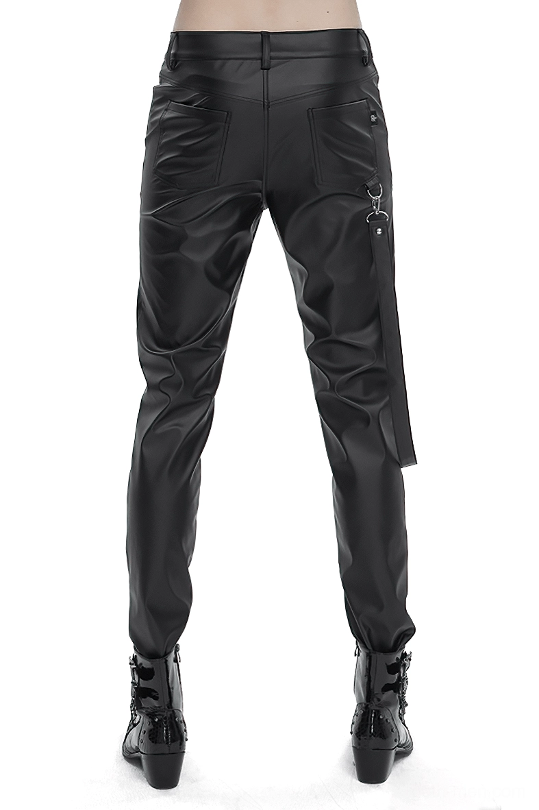 Black faux leather gothic trousers featuring removable side straps and metal decorative buckles in front straight view