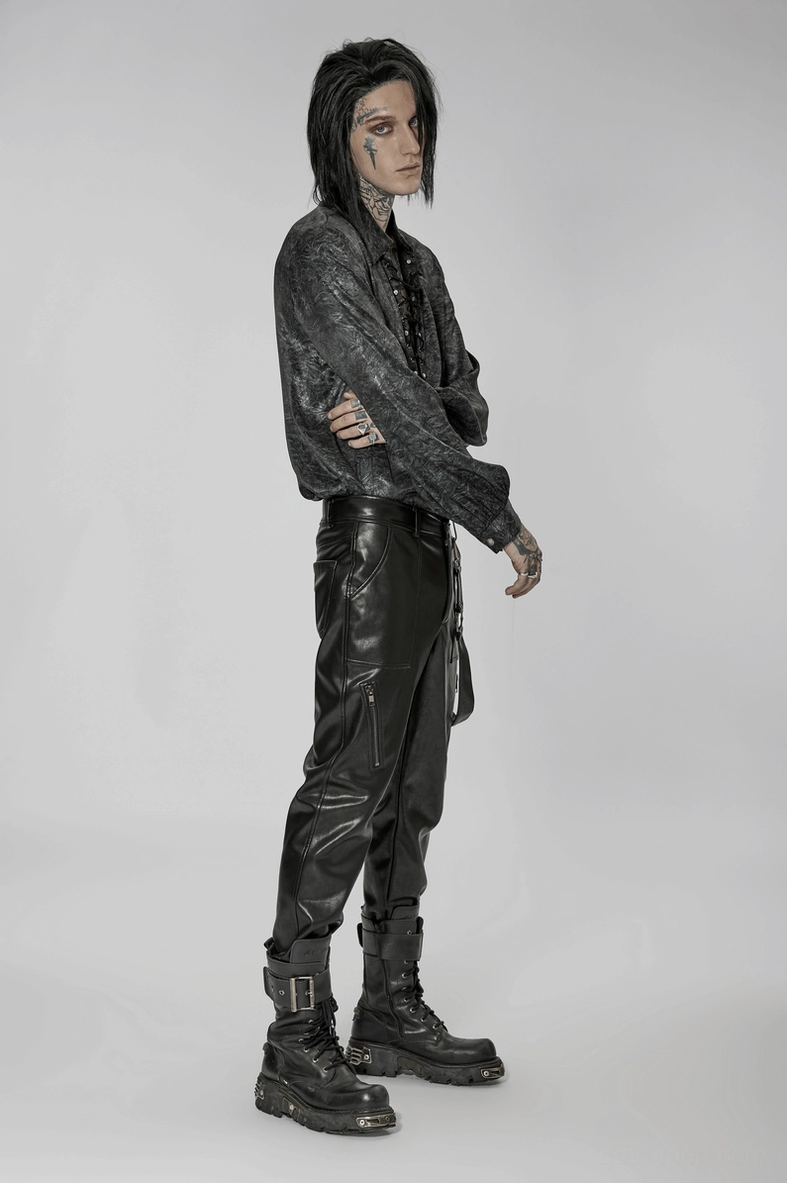 Black gothic leather pants styled fashion photography on alternative male model