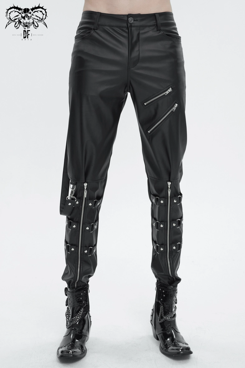Matte black faux leather fitted gothic trousers showing diagonal zipper pocket placement and overall sleek silhouette