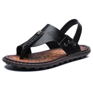 Black split leather gothic ankle-wrap sandals men's slip-on flip-flops side view studio