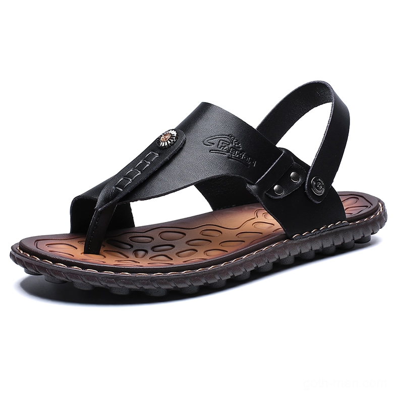 Black split leather gothic ankle-wrap sandals men's slip-on flip-flops side view studio