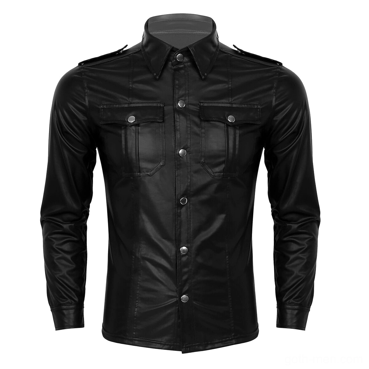 Men's black patent leather gothic shirt front full display with epaulets and structured shoulders - slim fit button-down