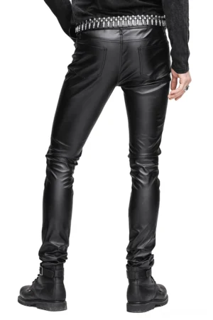 Rear full-length view of black gothic slim-fit PU leather pants showing tight silhouette and studded belt on male model against white background