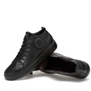 Black genuine leather mid-top gothic sneakers with circular badge detail, side and flat lay view on white background