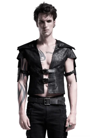 Black gothic leather vest with adjustable buckle straps front view on male model