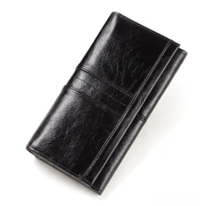 Black cracked leather gothic long wallet clutch with horizontal stripe detailing, top view showcasing genuine cow leather texture and minimalist design