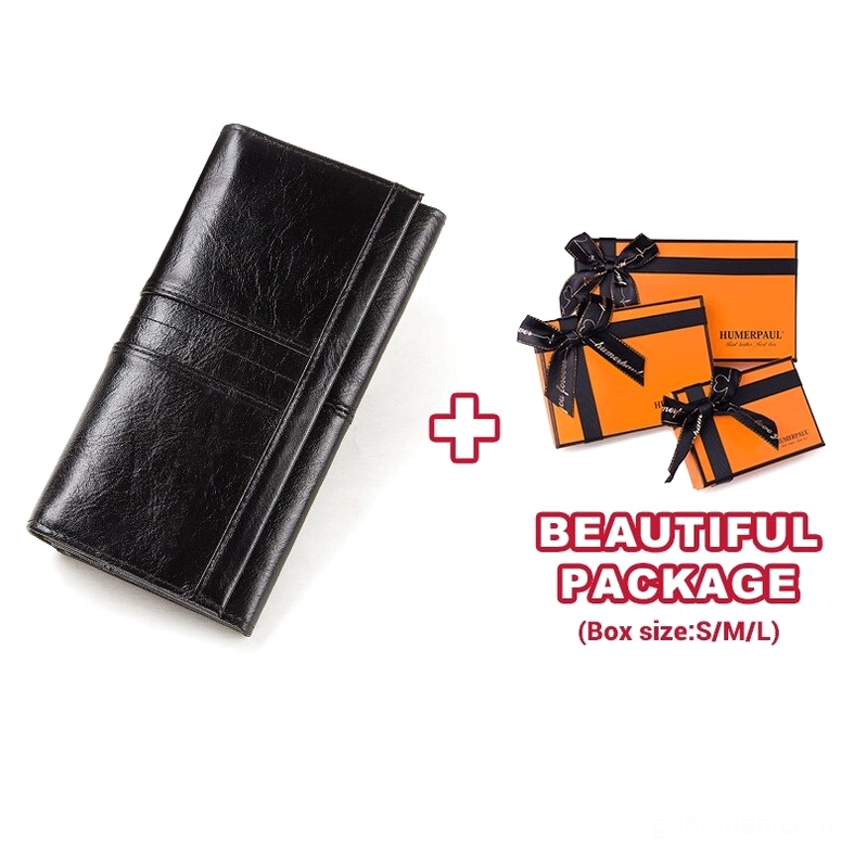 Black cracked leather gothic long wallet clutch paired with luxury branded gift boxes, ideal for dark romantic aesthetic collectors