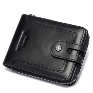 Black genuine leather short zip wallet for men with metal hardware, 3/4 front view gothic style compact wallet