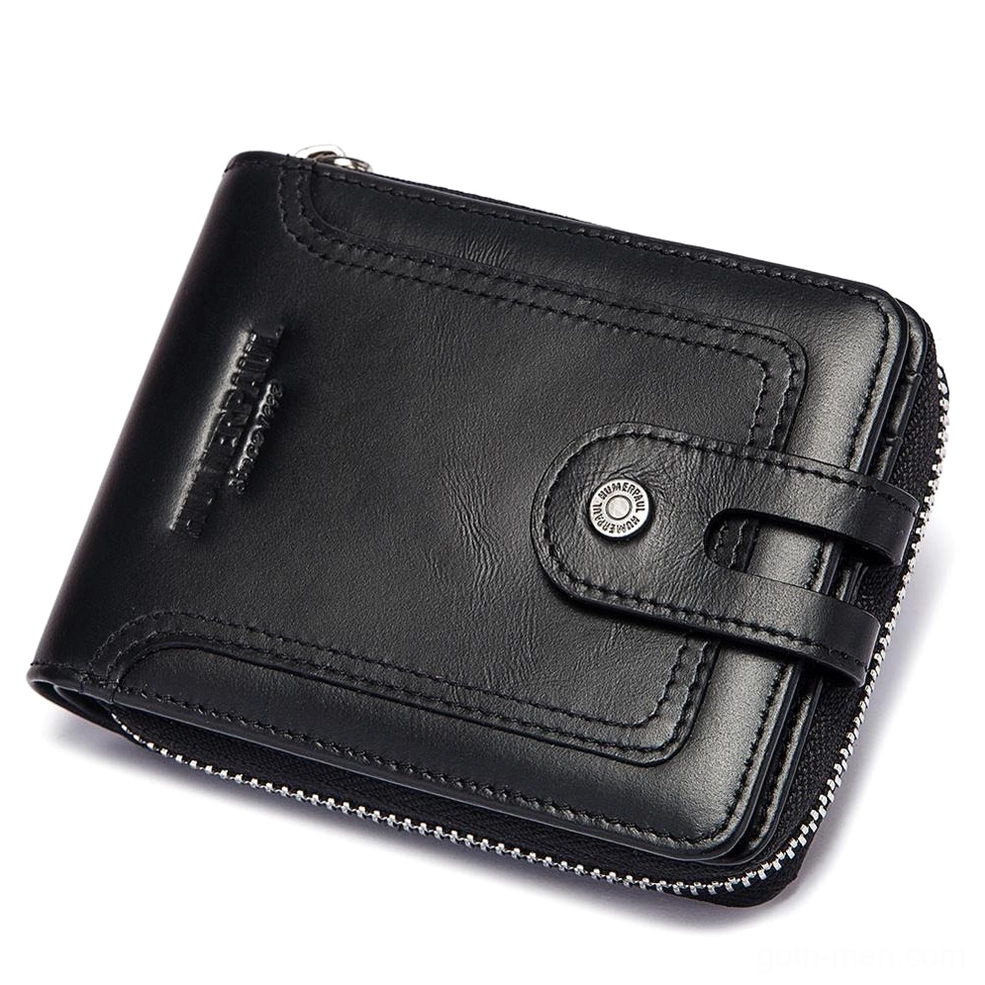 Black genuine leather short zip wallet for men with metal hardware, 3/4 front view gothic style compact wallet