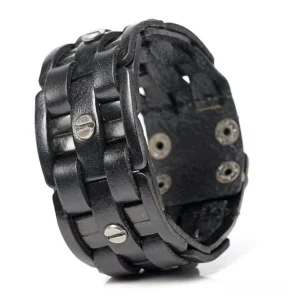 Black genuine leather hand-woven gothic wrap bracelet with metal rivets, side close-up view showing intricate woven detail and inner construction