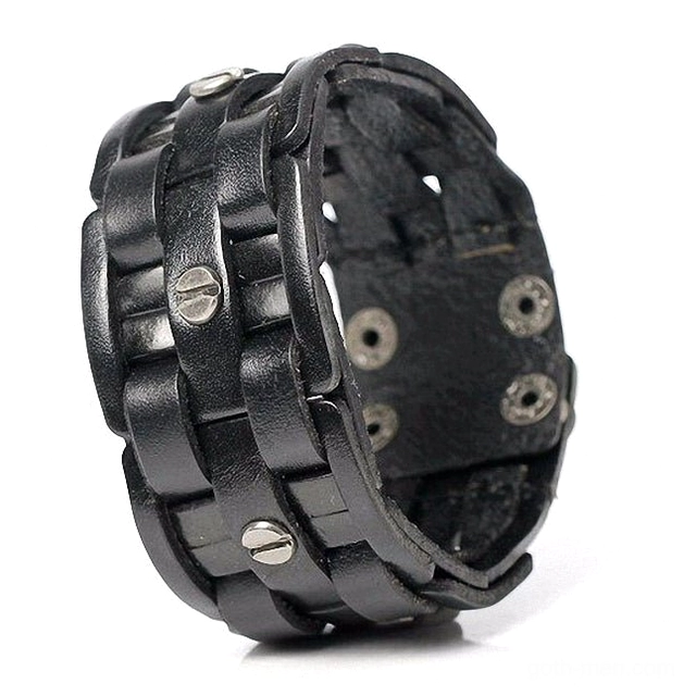 Black genuine leather hand-woven gothic wrap bracelet with metal rivets, side close-up view showing intricate woven detail and inner construction
