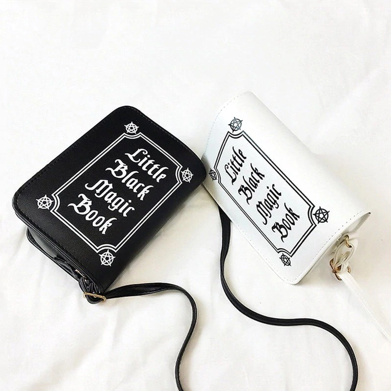 Alternative view of black gothic letter crossbody bag with white text print and metal hardware
