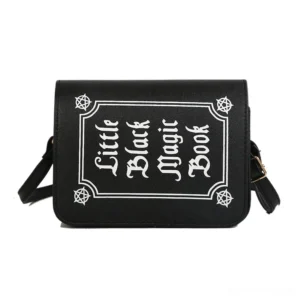 Black gothic letter crossbody bag with white text print and pentagram corner motifs, flat lay front view