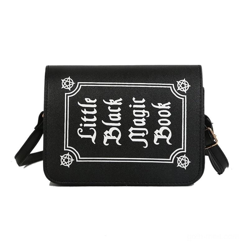Black gothic letter crossbody bag with white text print and pentagram corner motifs, flat lay front view