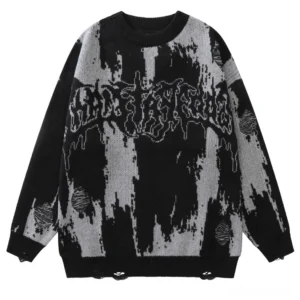 Black distressed gothic letter print knit pullover flat lay front view with ripped details