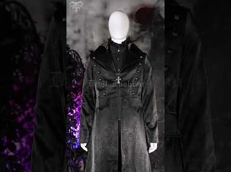 Black leather gothic long coat on mannequin front view with decorative double-row buttons dark background