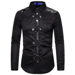 Black industrial gothic men's dress shirt with leather shoulder patches, snap button and metal ring front trim, direct front view