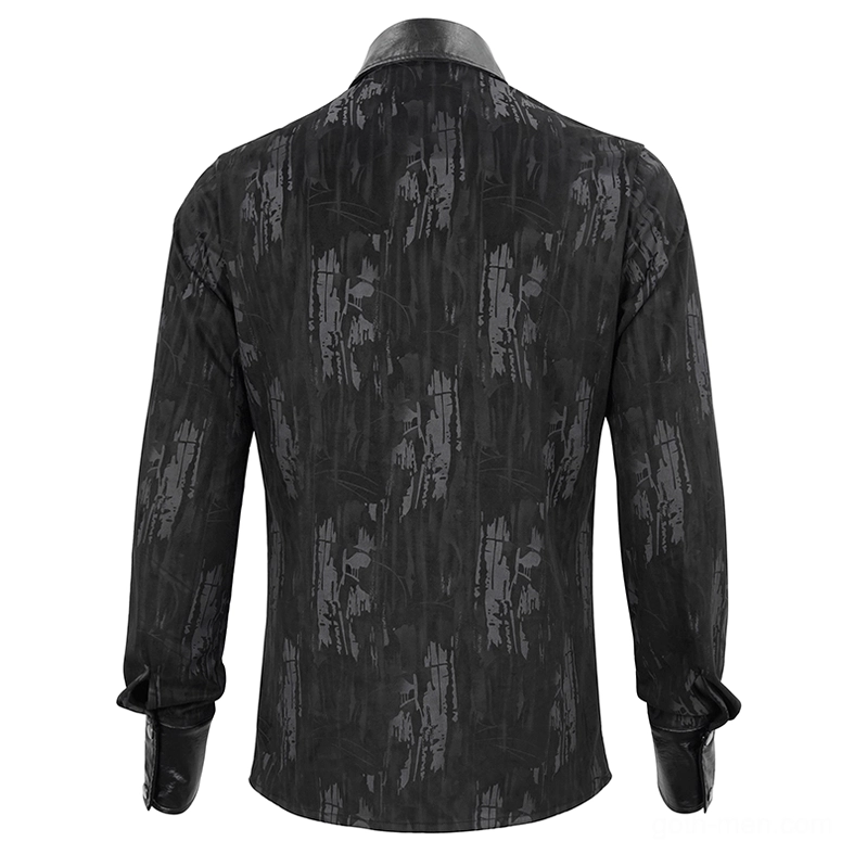 Black gothic shirt rear display with distressed printed fabric texture and PU leather reinforced cuffs