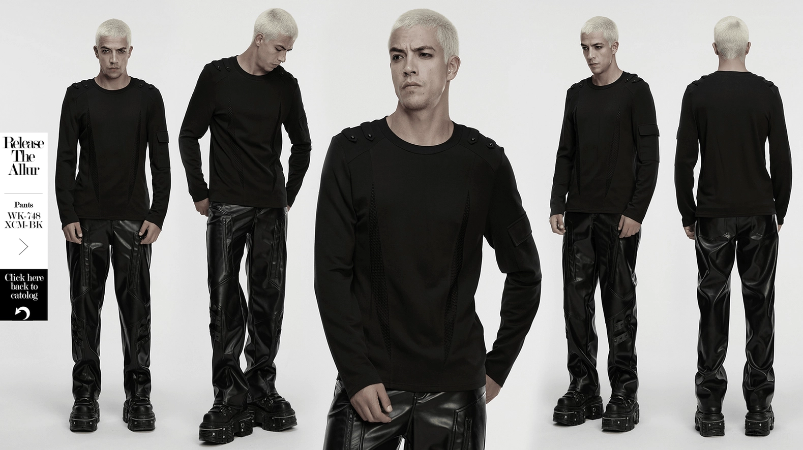 Full product display of black gothic long-sleeve top with shoulder straps mesh panels and utility details