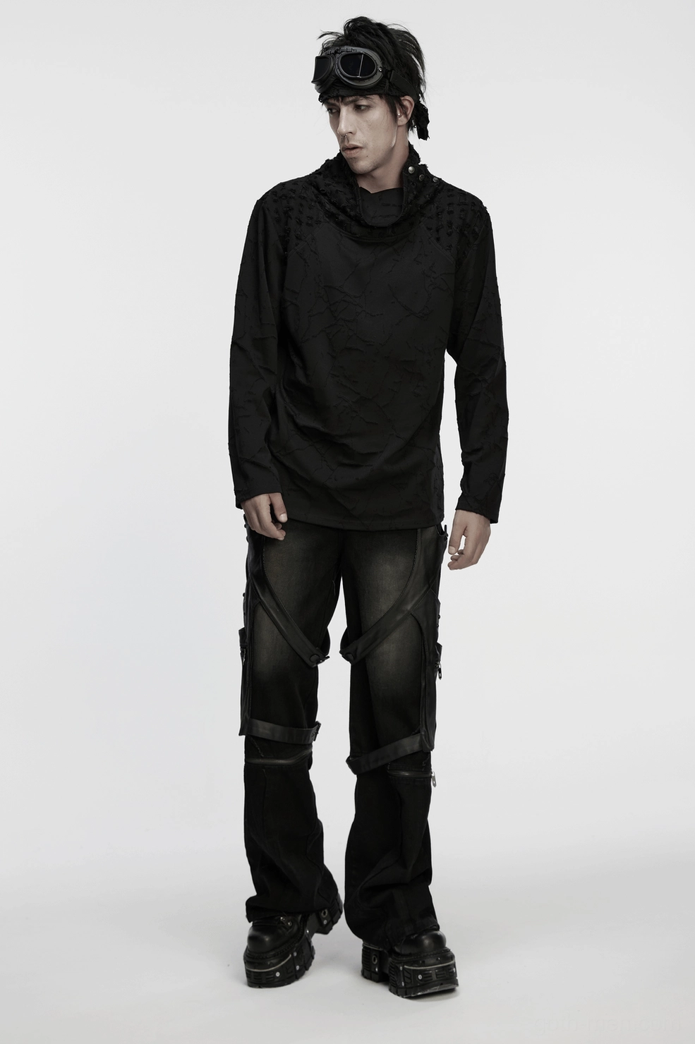 Black gothic long-sleeve burnout top styling detail, snap collar fastening, alternative dark fashion aesthetic