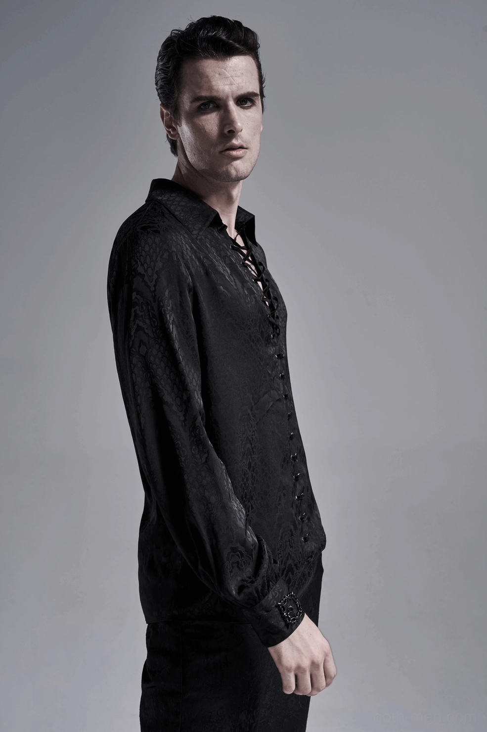 Black gothic men's jacquard shirt worn styling display