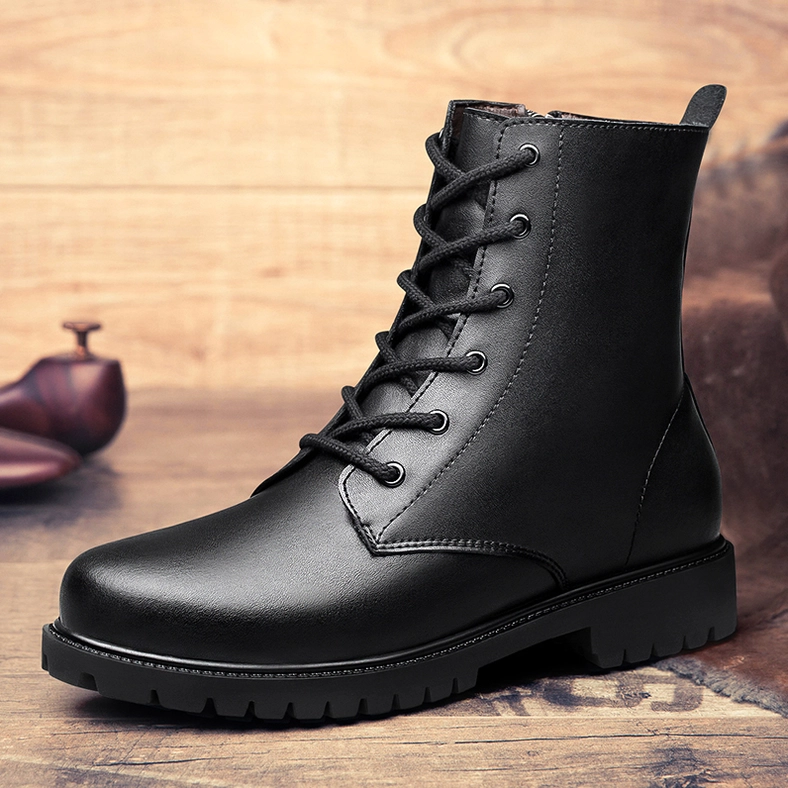 Black gothic lace-up combat boots – men's leather ankle boots with round toe and flat heel profile