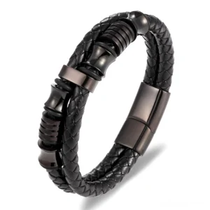 Black gothic men's leather bracelet with gunmetal stainless steel hardware, braided weave design