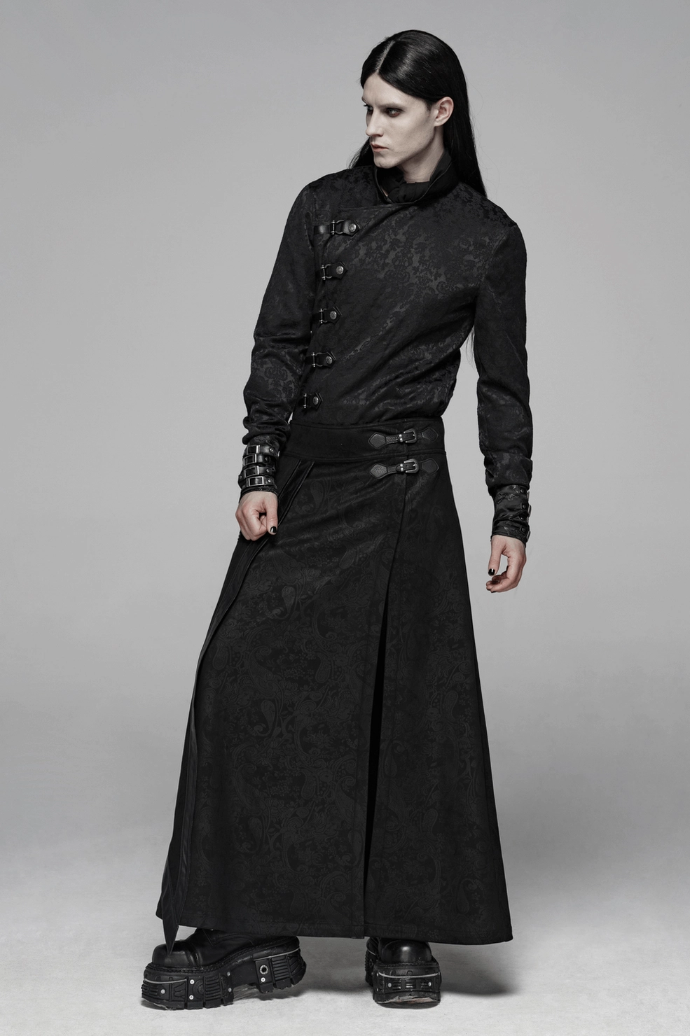 Black gothic men's overskirt full-length view showing drape and silhouette with chain details