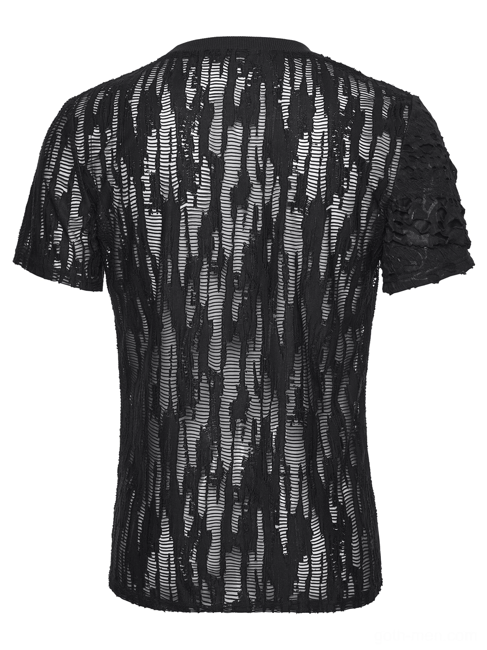 Back flat lay view of black mesh gothic T-shirt featuring full sheer ripped mesh construction and minimalist back design