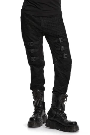 Black gothic mesh buckle slim pants with textured front - rear three-quarter view on male model