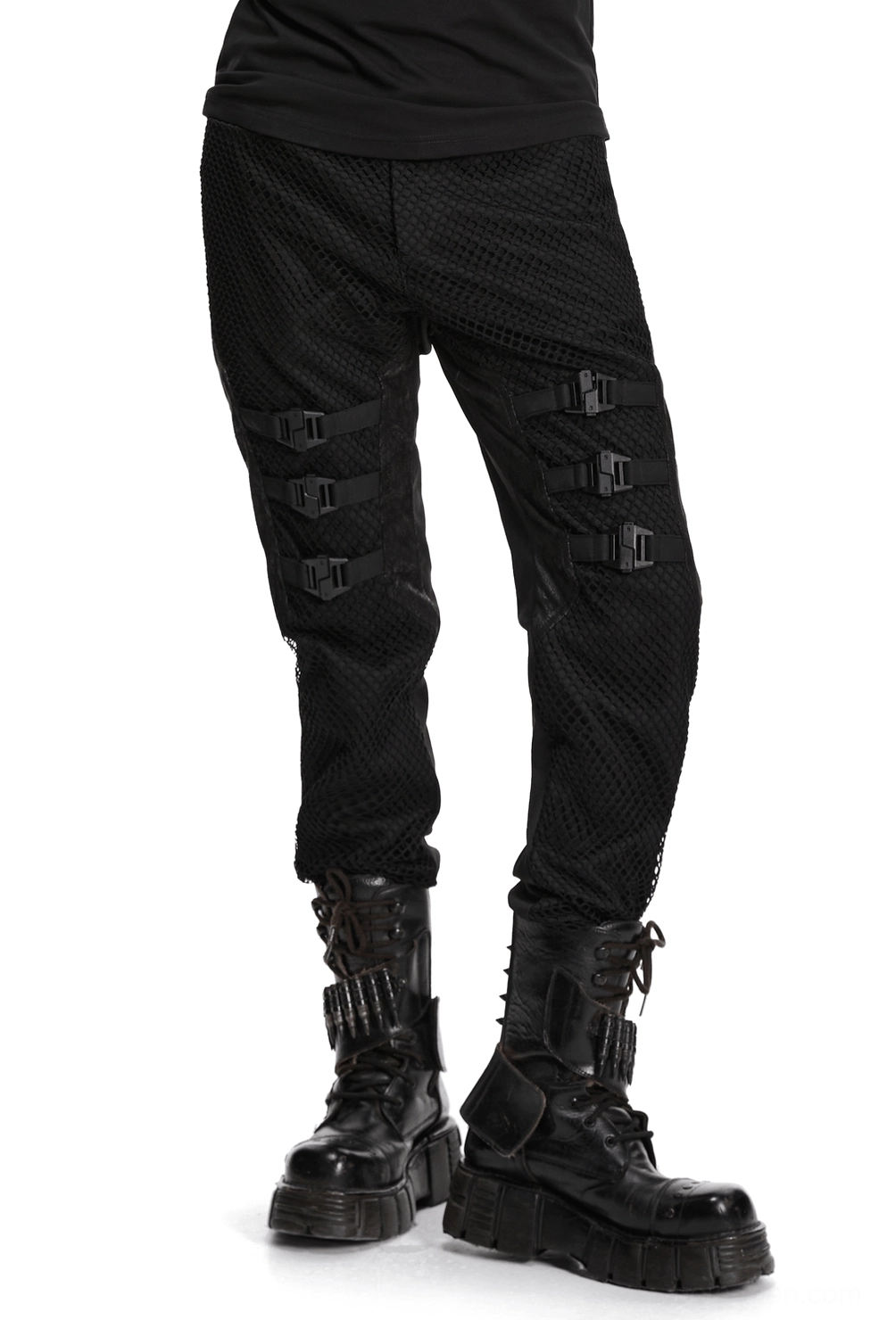 Black gothic mesh buckle slim pants with textured front - rear three-quarter view on male model