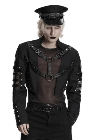 Black gothic mesh harness cropped jacket front view with studded straps and lace-up chest panel on male model