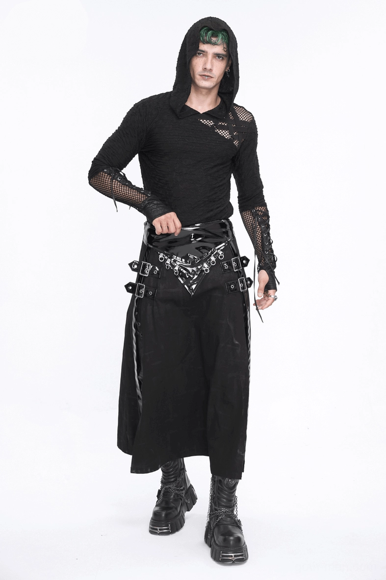 Black gothic mesh panel hooded sweatshirt complete silhouette from front demonstrating fitted gothic aesthetic