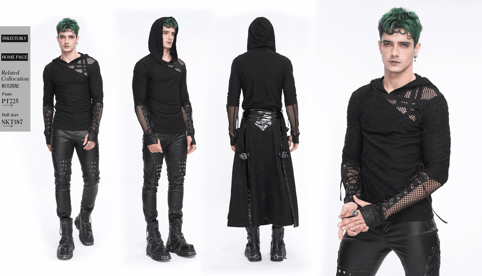 Black gothic mesh panel hooded sweatshirt finished product display showcasing professional quality and design