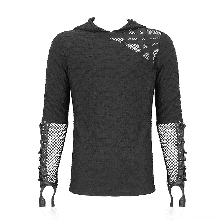 Black gothic mesh panel hooded sweatshirt flat display front view showing textured black fabric and mesh construction