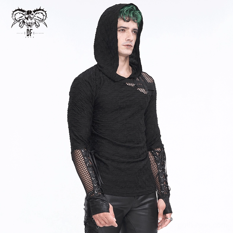 Black gothic mesh panel hooded top torso display showing central mesh placement and fitted construction