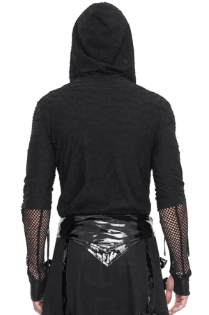 Black gothic mesh panel hooded sweatshirt back view on mannequin with shiny leather accessories, rear silhouette