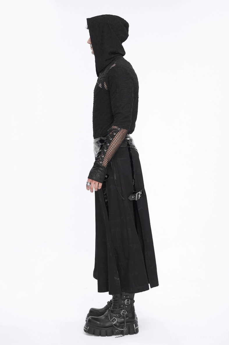 Black gothic hooded mesh top fabric and construction quality detail view of mesh panels and textile