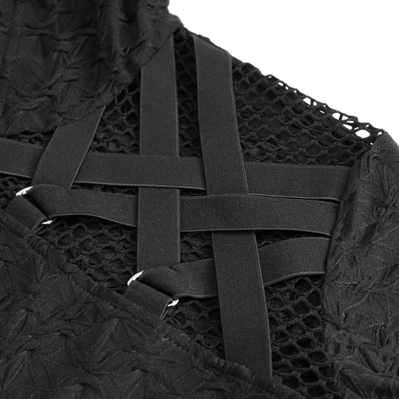 Close-up detail of black gothic mesh panel hooded top fabric texture, elastic straps, and mesh construction