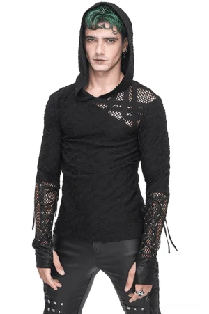 Male model wearing black gothic mesh panel hooded top with green streaked hair, front view showcasing asymmetrical mesh details